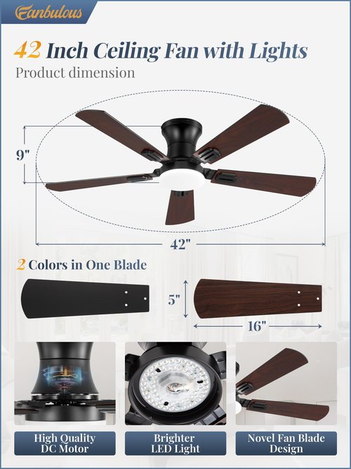 Fanbulous 2 Pack 42 Inch Ceiling Fans with Lights and Remote, Low Profile Indoor Black Ceiling Fan with 6 Speeds & 3CCT, Flush Mount, Dual-Finish 5 Blades,Quiet DC Motor for Living Room Bedroom