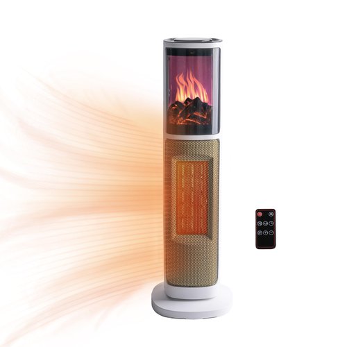 Comfort Zone 25-Inch Oscillating Tower Space Heater with 3D Flame Effect – 1500W Ceramic Electric Fireplace Heater, Digital Thermostat, 8H Timer, Remote Control & Advanced Safety Protection – Black