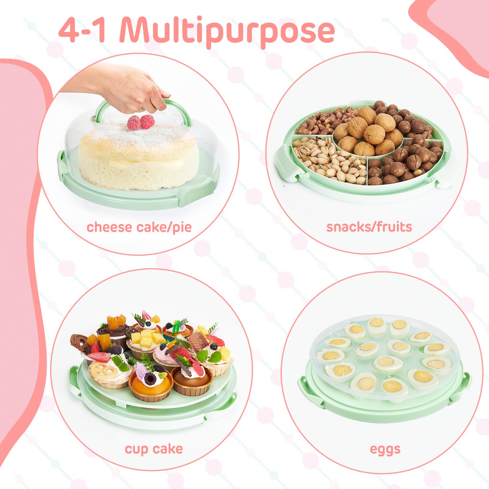 Ohuhu Cheesecake Container, Cake Pie Carrier BPA-Free up to 10'' Cake - Cupcake Containers with Lid and 2 Handles 4-in-1 Multipurpose Cake Keeper Holder Platter for Pie Devil Eggs Perfect Gifts