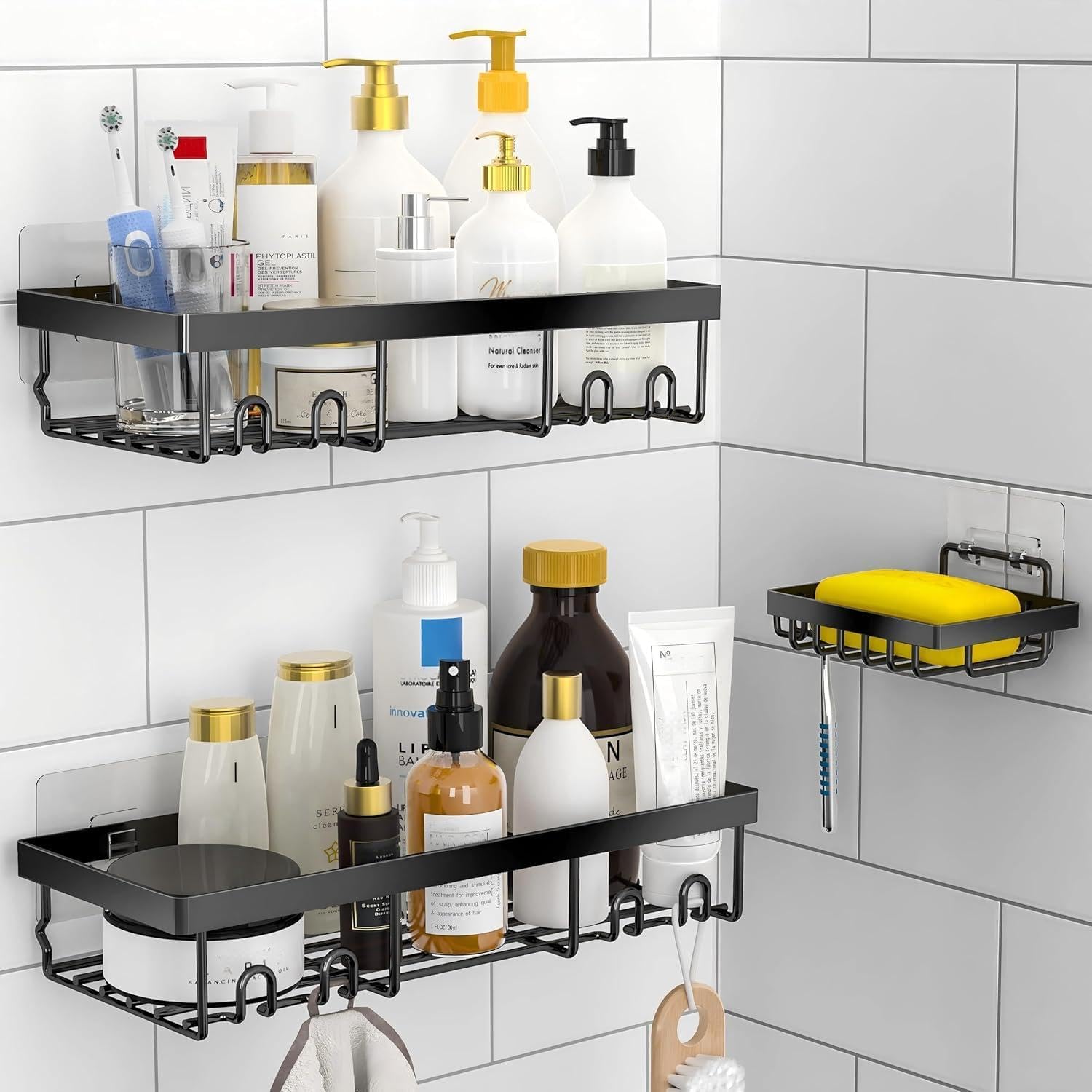 Moforoco Shower Caddy Basket Shelf - Rustproof Black Wall Organizer with Soap Holder | 3-Pack Set