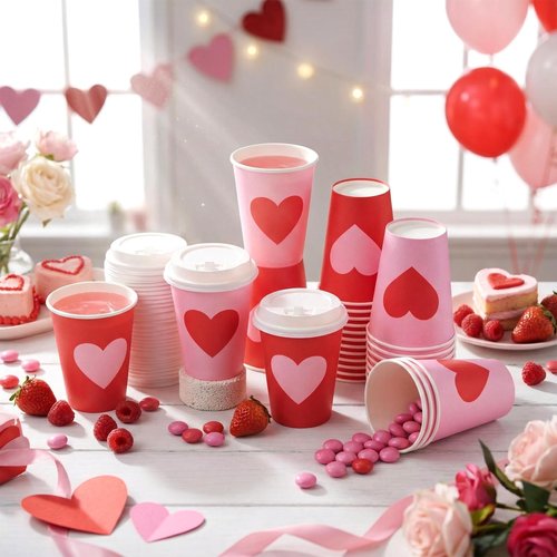 Sunnychicc 60 Set Valentine's Day Disposable Coffee Cups with Lids 12oz Red Pink Hearts Patterns Paper Cups Beverage Drinking Cup for Anniversary Wedding Bridal Shower Party Supplies 2 Style