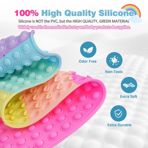 Joiyota Push Pop Bubble Bath Mat for Kids,Rainbow Large Non-Slip Silicone Tub Mat with Strong Suction Cups for Toddler,33x17.3 Inch Waterproof Shower Mat for Bathtub, Sensory Bath Pad with Drain Holes