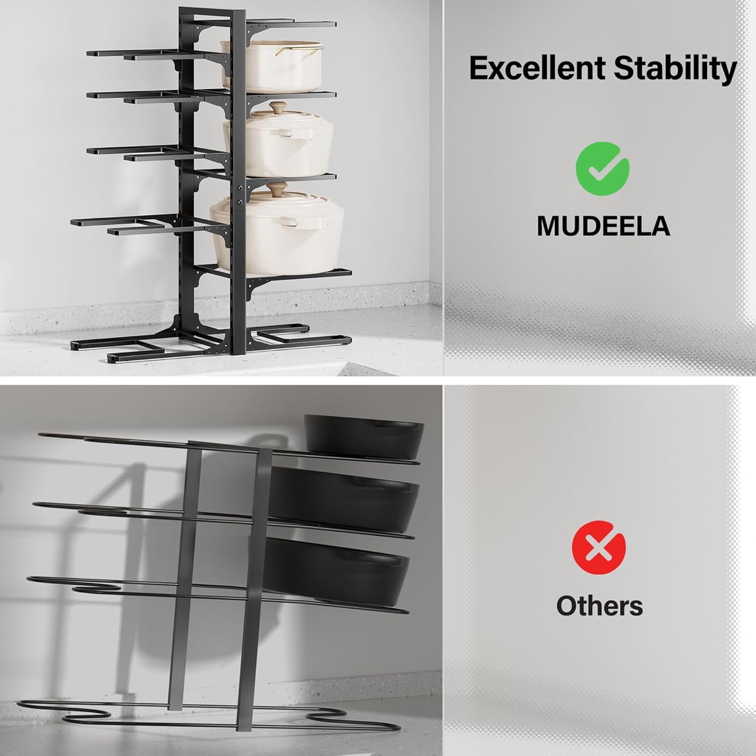 MUDEELA 10-Tier Pot and Pan Organizer - Heavy Duty Under Cabinet Storage, 23.62" Height, Adjustable Rack