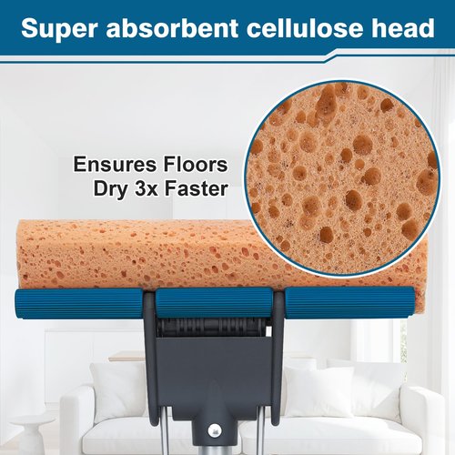 Sponge Mop for Floor Cleaning, 50" Heavy Duty Roller Mop with 4 Cellulose Refill Heads, Easy Self-Squeeze for Hardwood Tile Concrete, Wall Ceiling