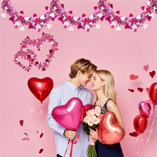 50FT Valentine's Day Decorations,Valentines Heart Garland Pink Purple Valentines Day Tinsel Garland Twist Metallic for Home Room Mantel Stairs Door Outdoor Indoor Wedding Valentine's Day Decor
