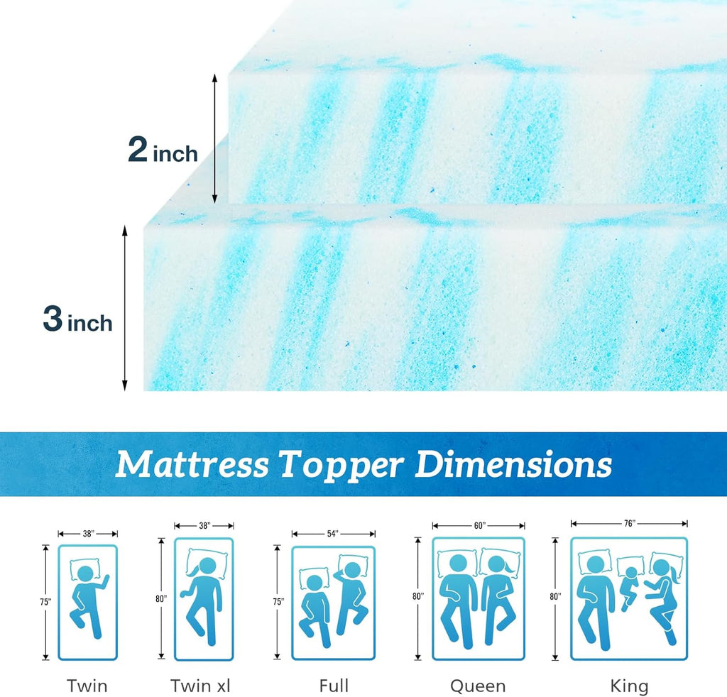 Sweetcrispy Mattress Topper - Cooling Gel Infused Memory Foam | 2 Inch Thick Queen Size Bed Pad - Blue