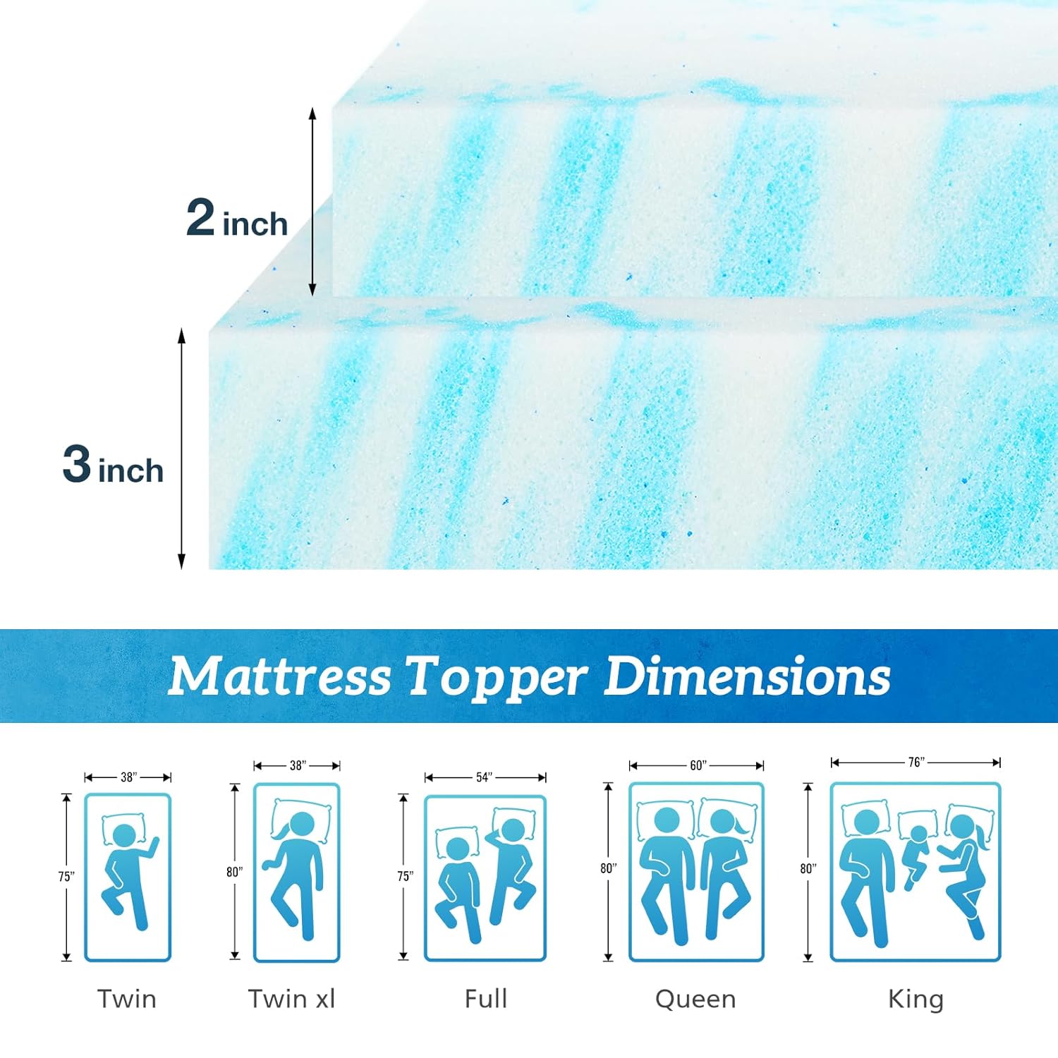 Sweetcrispy Memory Foam Mattress Topper - 3 Inch Thick Gel-Infused Cooling Pad for Queen Size Bed | CertiPUR-US Certified, Breathable Blue