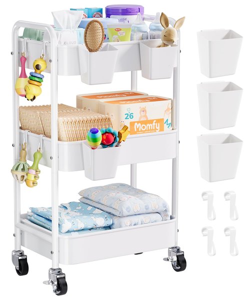 Diaper Cart Organizer with Wheels, 3 Tier Rolling Bedside Cart for Baby Essentials, Baby Organizers and Storage Diaper Caddy Carts for Changing Table, Crib, Bedroom, Newborn Nursery Supplies, White