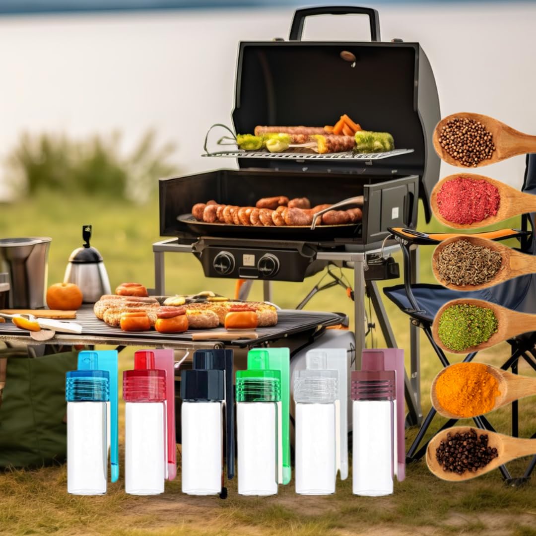 Portable Camping Spice Container Set, 6-Pack Mini Seasoning Bottles, Spice Jar with Spoon Lid Design, Leak-Proof Refillable Spice Container with Spoon for BBQ, RV & Picnic