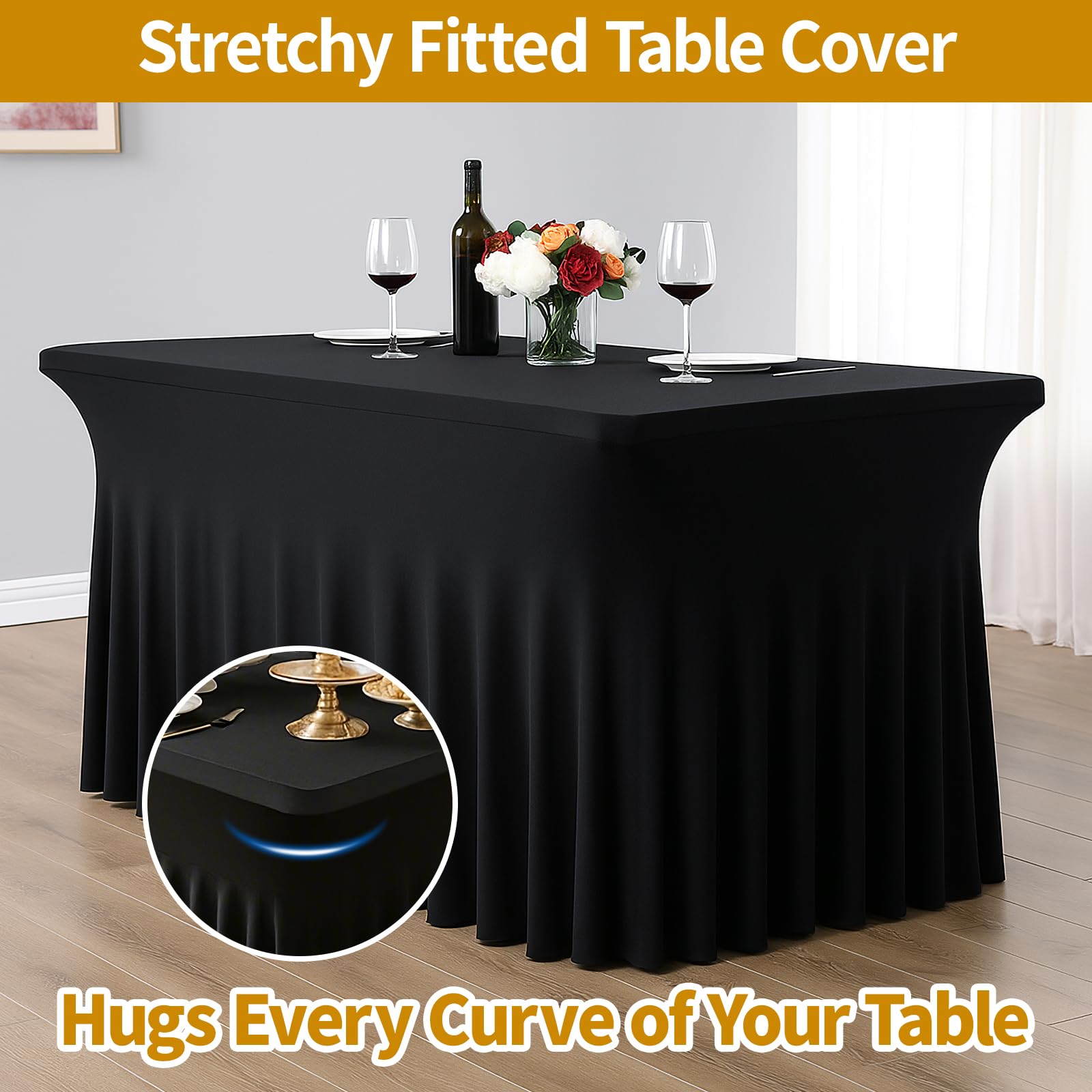 Deep Dream 4 Pack Black Spandex Fitted Tableclothes for 8 Foot Rectangle Tables, Wrinkle Free 8FT Fitted Table Cover, Stretch Tablecloth Table Skirt for Party, Banquet, Wedding and Events