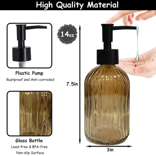 Black Pump Glass Soap Dispenser, 13.5oz Brown Stripe Countertop Refillable Liquid Bottle Hand Dish Lotion Dispenser with Plastic Pump, for Kitchen, Bathroom Countertop