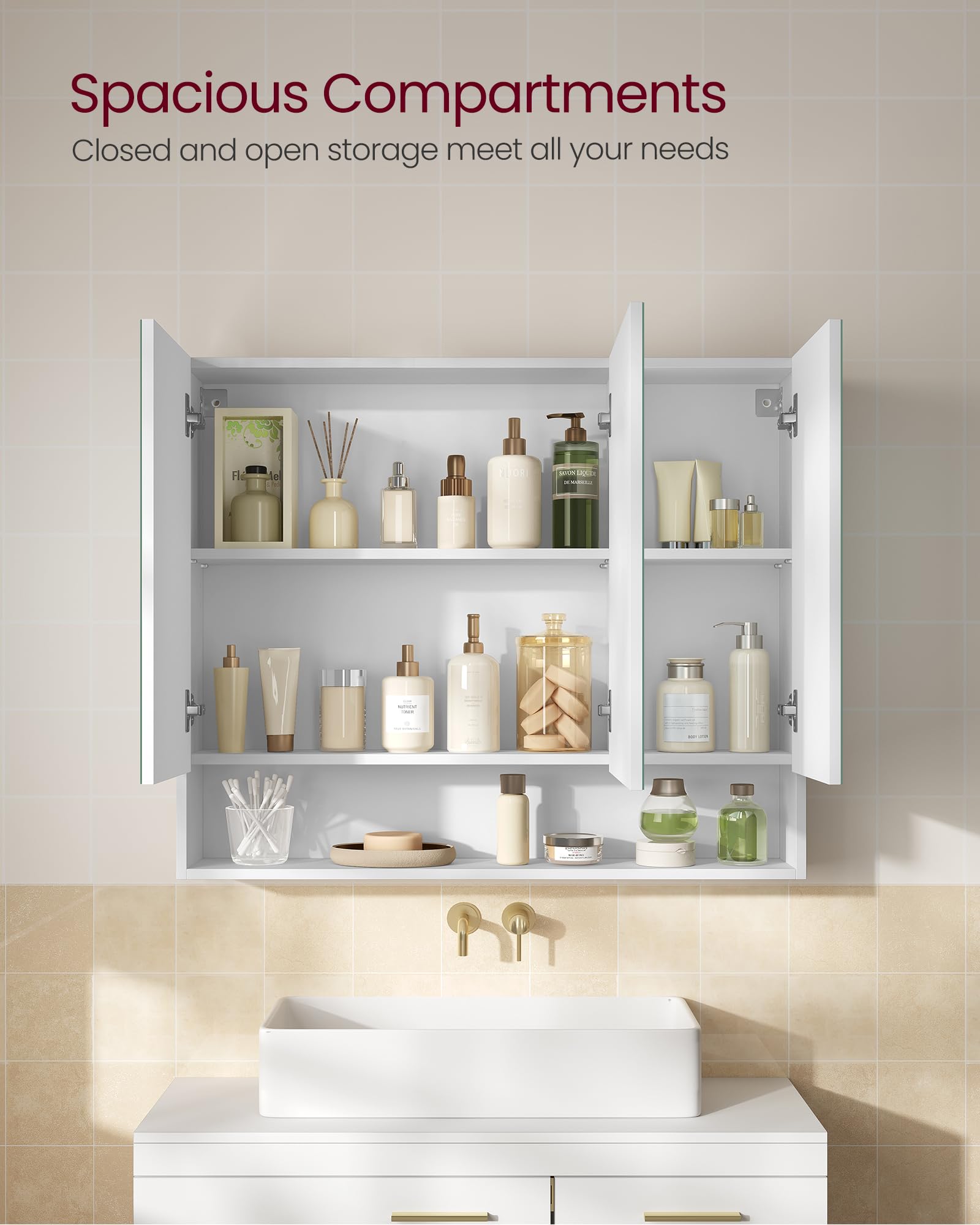 VASAGLE Kailyn Collection - Medicine Cabinet Mirror, Bathroom Wall Mirror Cabinet with Storage, Open Compartment, Adjustable Shelves, Modern Style, 6.5 x 35.4 x 29.5 Inches, Cloud White UBBK130W01