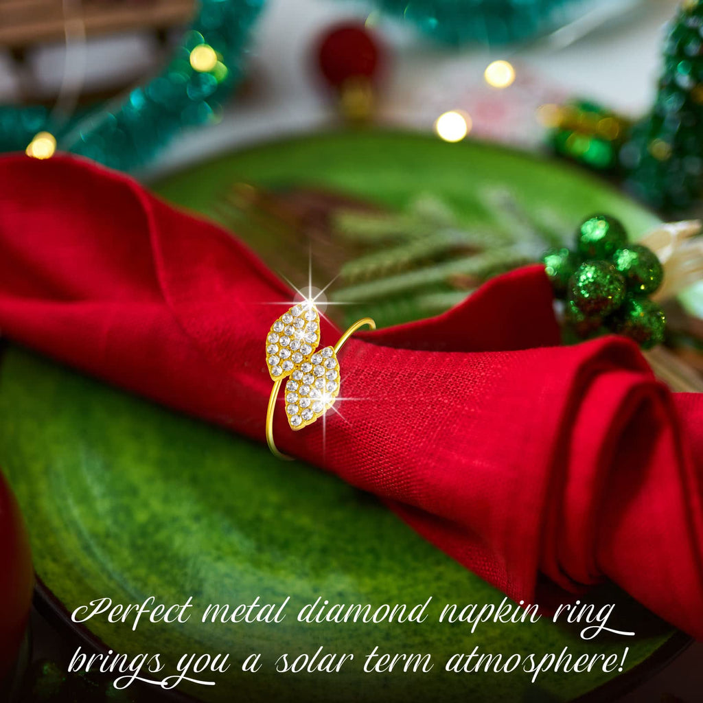 Hotop 150 Pcs Gold Napkin Rings Gold Table Decorations, Elegant Bling Leaves Napkin Rings, Rhinestone Guest Towels Buckle for Holiday Gather Party, Wedding Dinner Banquet Table Decoration