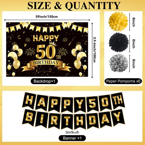 50th Birthday Decorations, Pre-Strung Happy Birthday Banner with Balloons, Backdrop, Honeycomb Centerpieces, Hanging Swirl Streamers, Black Gold Happy Birthday Party Decorations for Men Women