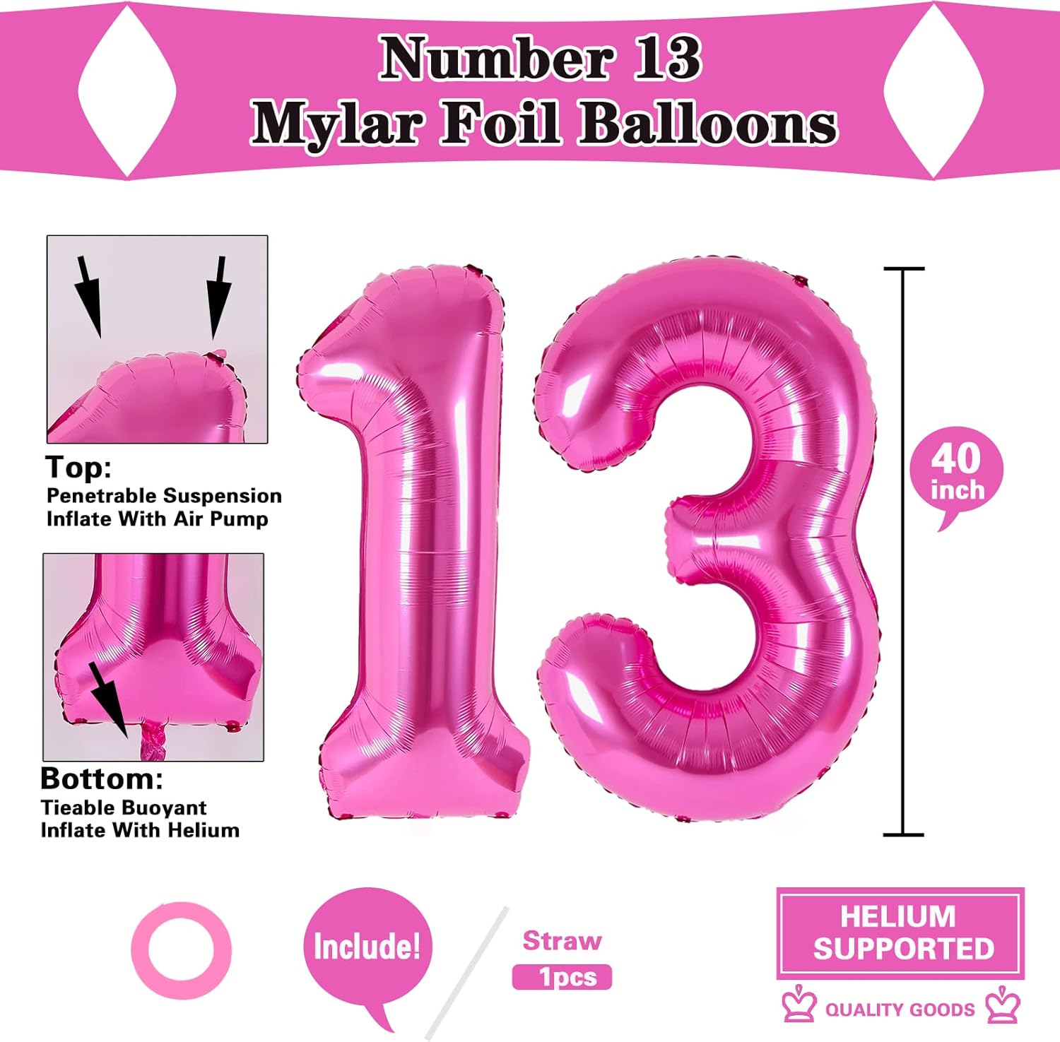Skiennix 40-Inch Pink Number 13 Balloons - Perfect for 13th Birthday Decorations | Unicorn & Mermaid Theme