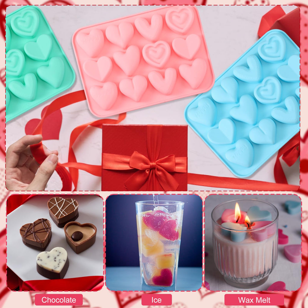 Qinyoung 3 Pcs Heart Shaped Silicone Molds Nonstick Heart Chocolate Muffin Molds for Ice Cube, Candy, Brownies, Jelly, Tartlets, Soaps, Pudding, Dessert Baking Making(Large,12 Holes,Pink,Blue,Green)