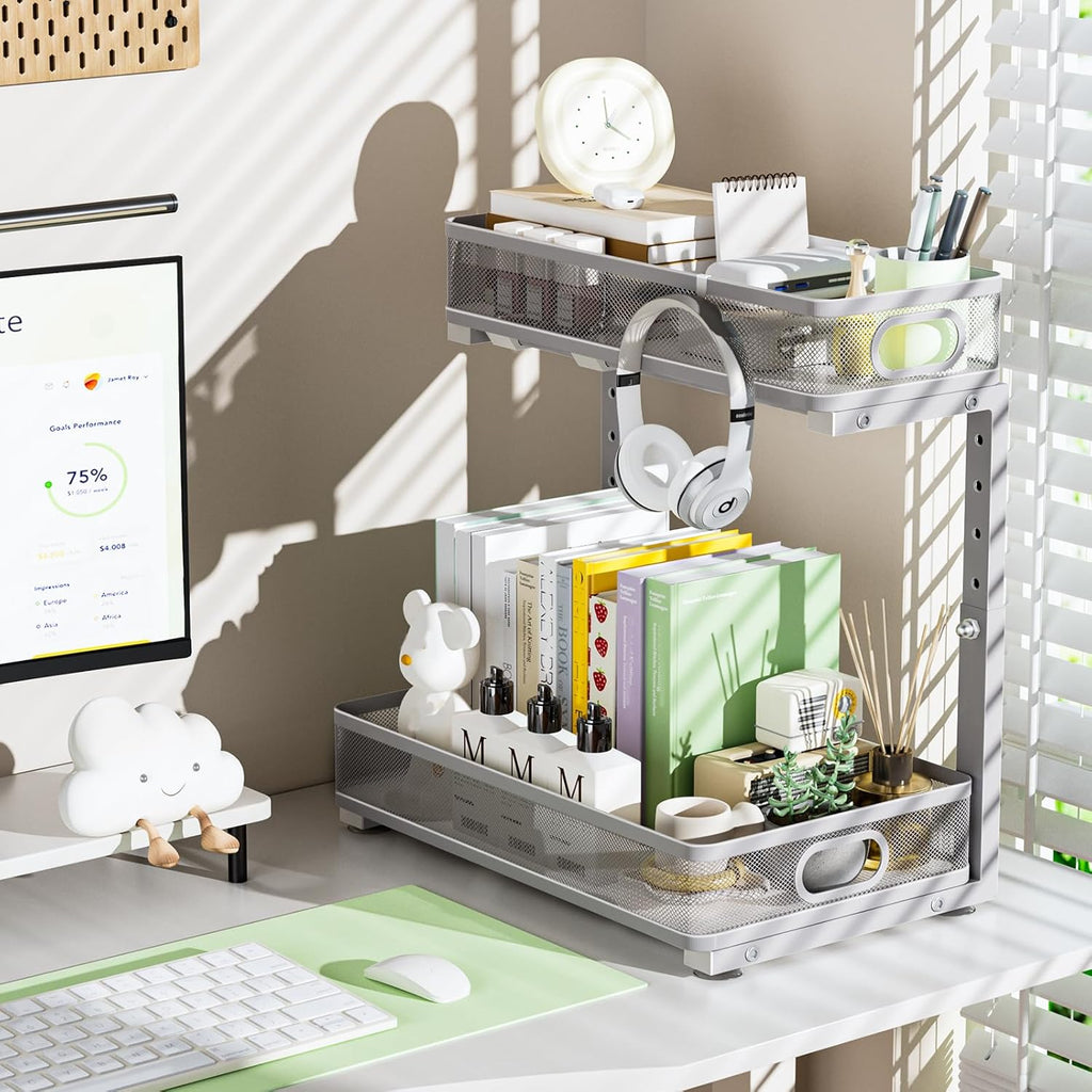 Under Sink Organizer 2 Pack - Adjustable 2 Tier Metal Storage Drawers for Kitchen & Bathroom