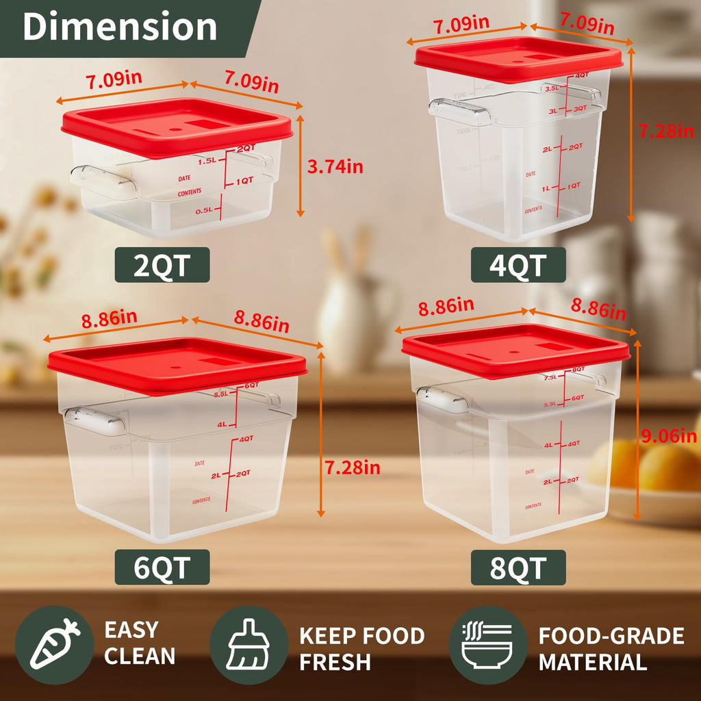 ENCYS 8 Quart Set of 4 Food Storage Containers Commercial Clear Square Food Storage Containers with Lids and Handles(BPA FREE)