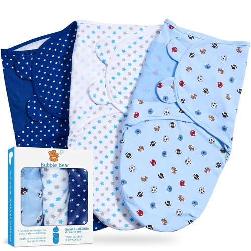 Bubble Bear Baby Swaddle 3-Pack | Adjustable Newborn Blankets for 0-3 Months - Blue