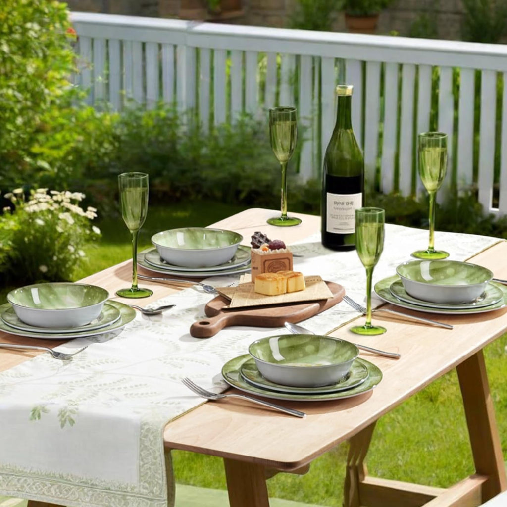 Skiennix 12-Piece Melamine Dinnerware Set - Lightweight Shatterproof Plates & Bowls for 4 | Green Bunny Design, Ideal for Picnics & Outdoor Parties
