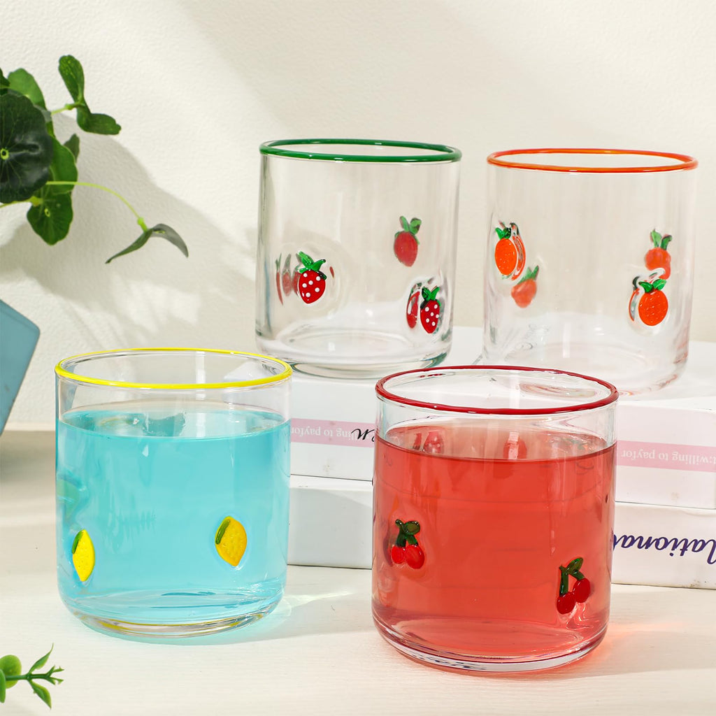 Whaline 4Pcs Fruit Icon Juice Glass 14 Oz Wine Glass Strawberry Lemon Cherry Orange Stemless Cocktail Drinking Cups for Home Party Favors Supplies