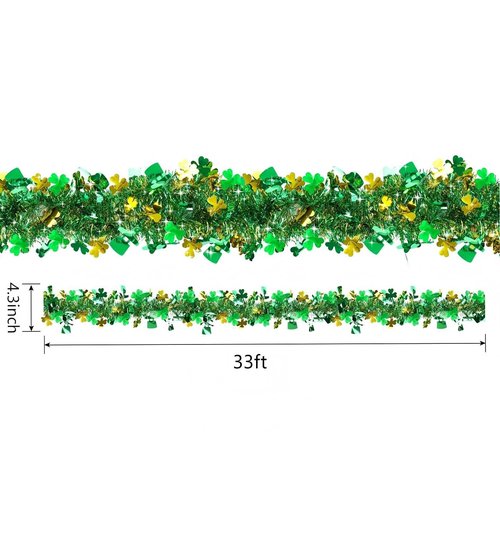 Gold Green Shamrock Tinsel Garland 33FT | Shiny Metallic Streamer Twist for Hanging St Christmas Decorations, Indoor Outdoor