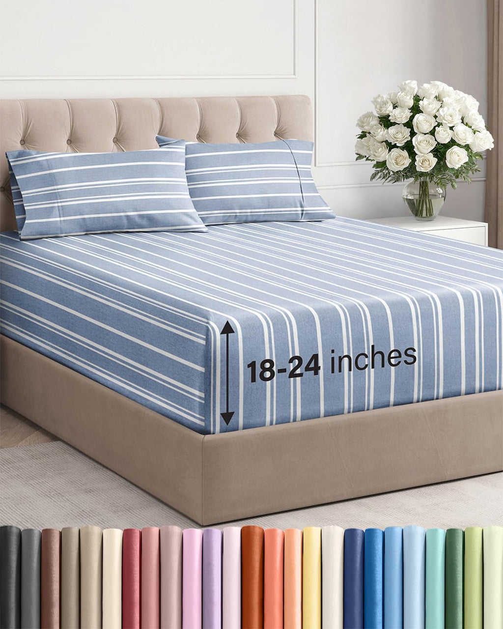 Skiennix Extra Deep Twin Sheet Set - 4-Piece Breathable Cooling Bedding - Soft, Wrinkle-Free Blue Stripes