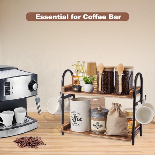 BDBDYEAY Coffee Bar Accessories, 2-Tier Coffee Bar Organizer with 4 Coffee Cup Holder Hooks, Mul-tifunctional Wooden Beaded Coffee Station Countertop Stand Shelf for Kitchen Home Office