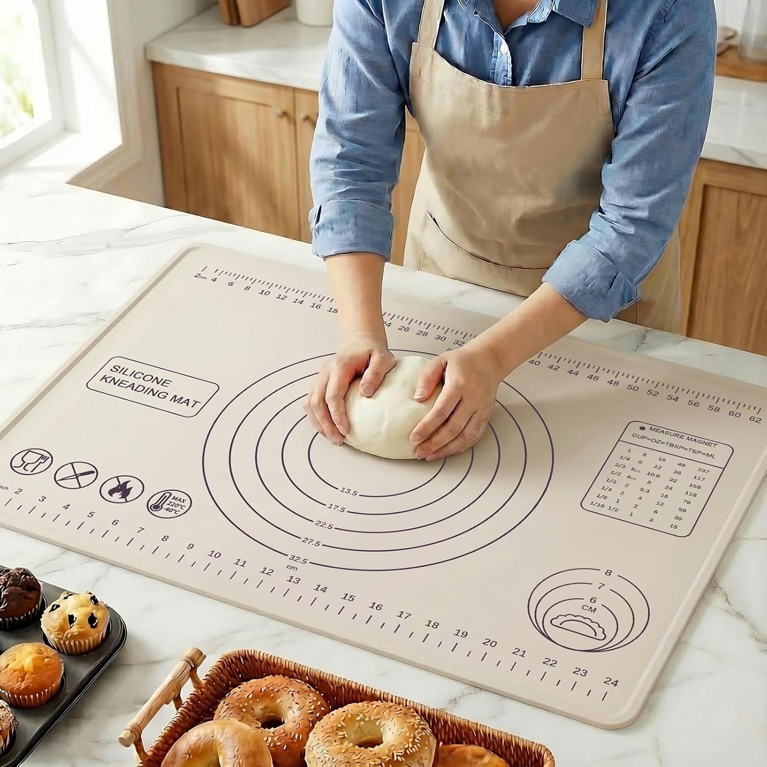 Skiennix Silicone Pastry Mat - Extra Thick Non-Stick Baking Mat with Measurements | 28" x 20" | Beige