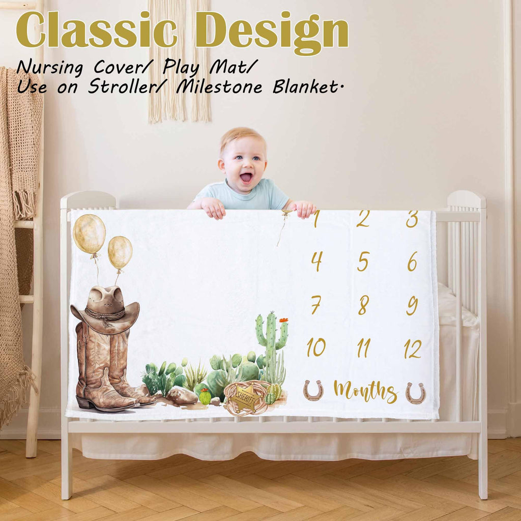 Kwtzkuo Western Milestone Blanket, Cowboy Baby Monthly Blanket with Marker, Newborn Baby Shower Photo Props My First Rodeo Gifts
