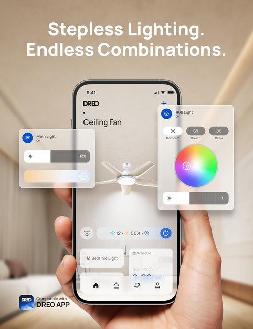Dreo Smart Ceiling Fan - 52'' Low Profile Design with Dimmable RGB Lighting | Alexa Compatible & Quiet Operation