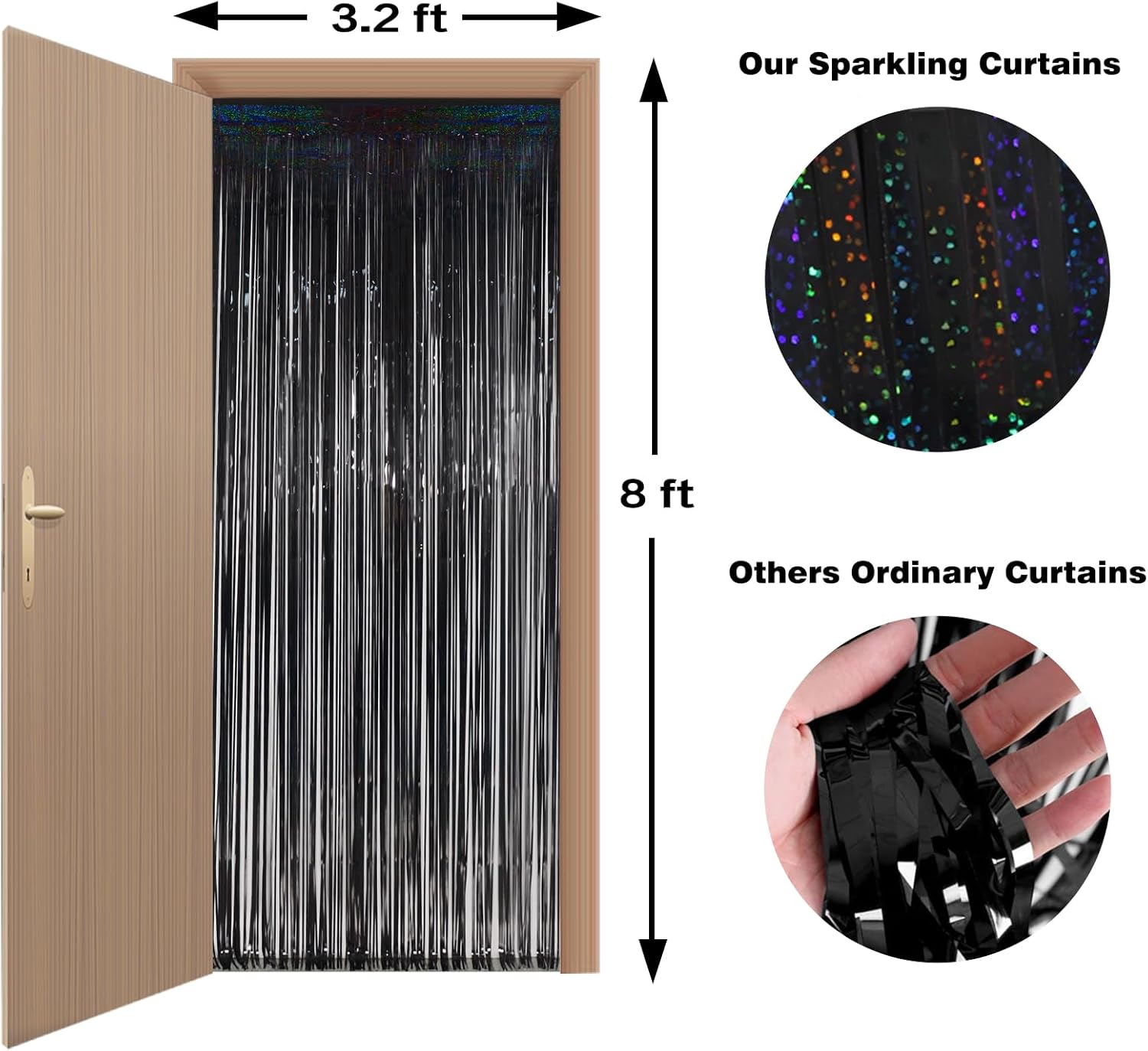 Melsan Graduation Decorations 2026 - Foil Fringe Curtains | 3 Pack Black Tinsel Backdrop 3.2 x 8.2 ft