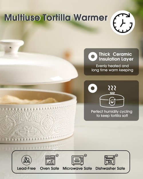 FE Ceramic Tortilla Warmer,Lace Emboss 8.8 Inch Tortilla Holder with Lid for Taco Tuesday, Mexican Night and Party,Taco Bread Pancake,Tortilleros Para Las Tortillas Caliente (Bright White)