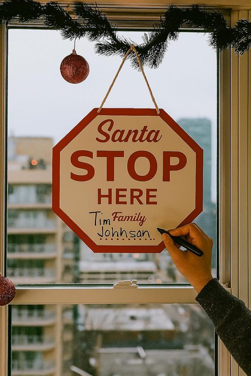 Christmas Santa Please Stop Here Sign - Wooden Front Door Hanger for Holiday Home Decor