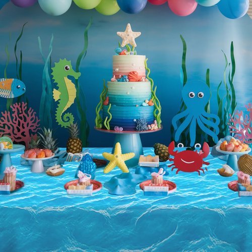 Hisxierng 3 Pcs Ocean Waves Tablecloth Plastic 54 x 108 Inch Ocean Water Table Cover Blue Under The Sea Pool Beach Birthday Party Decorations Shower Supplies Beach Backdrop Ocean Decor