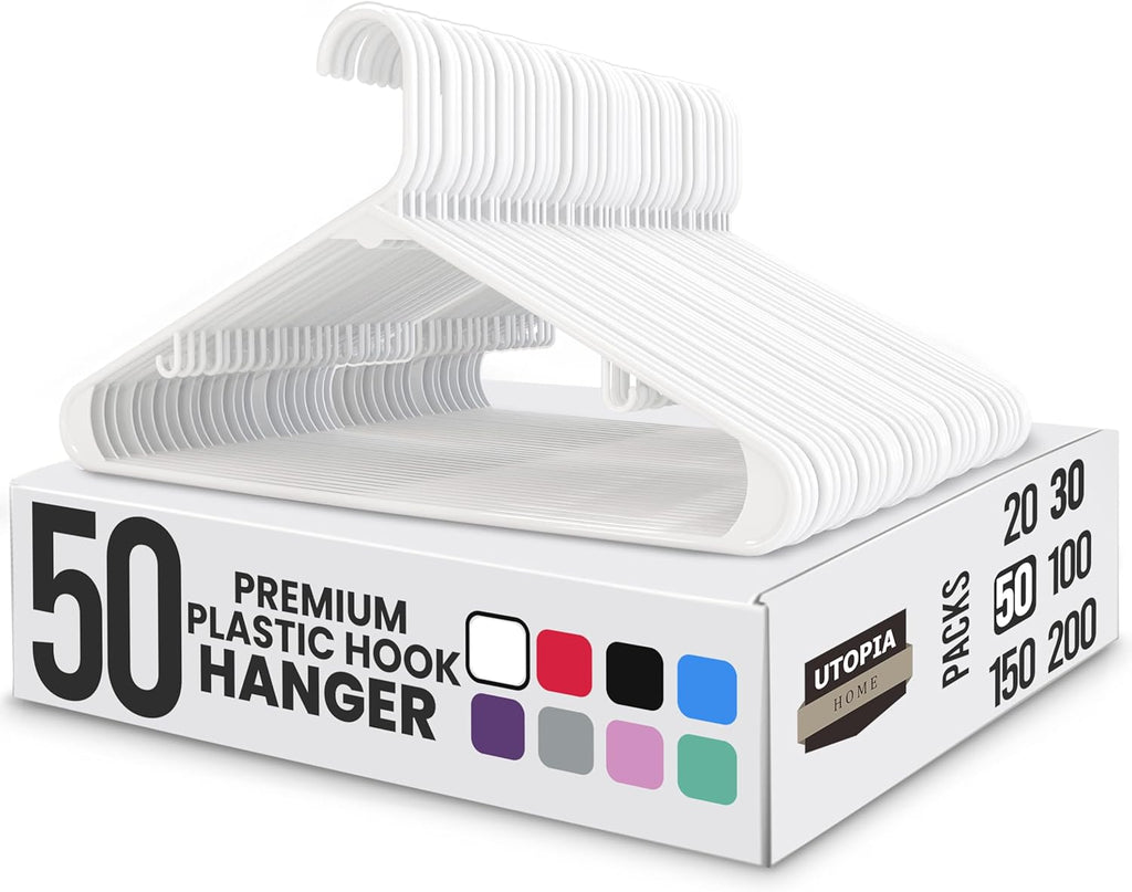 Utopia Home Plastic Hangers - Durable Space-Saving Closet Organizers - 50 Pack in White for Shirts, Pants & Coats