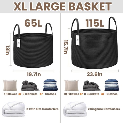 **JMvicyroam 65L Extra Large Woven Cotton Rope Blanket Basket - Stylish Laundry Hamper with Reinforced Handles | Machine Washable, Black**