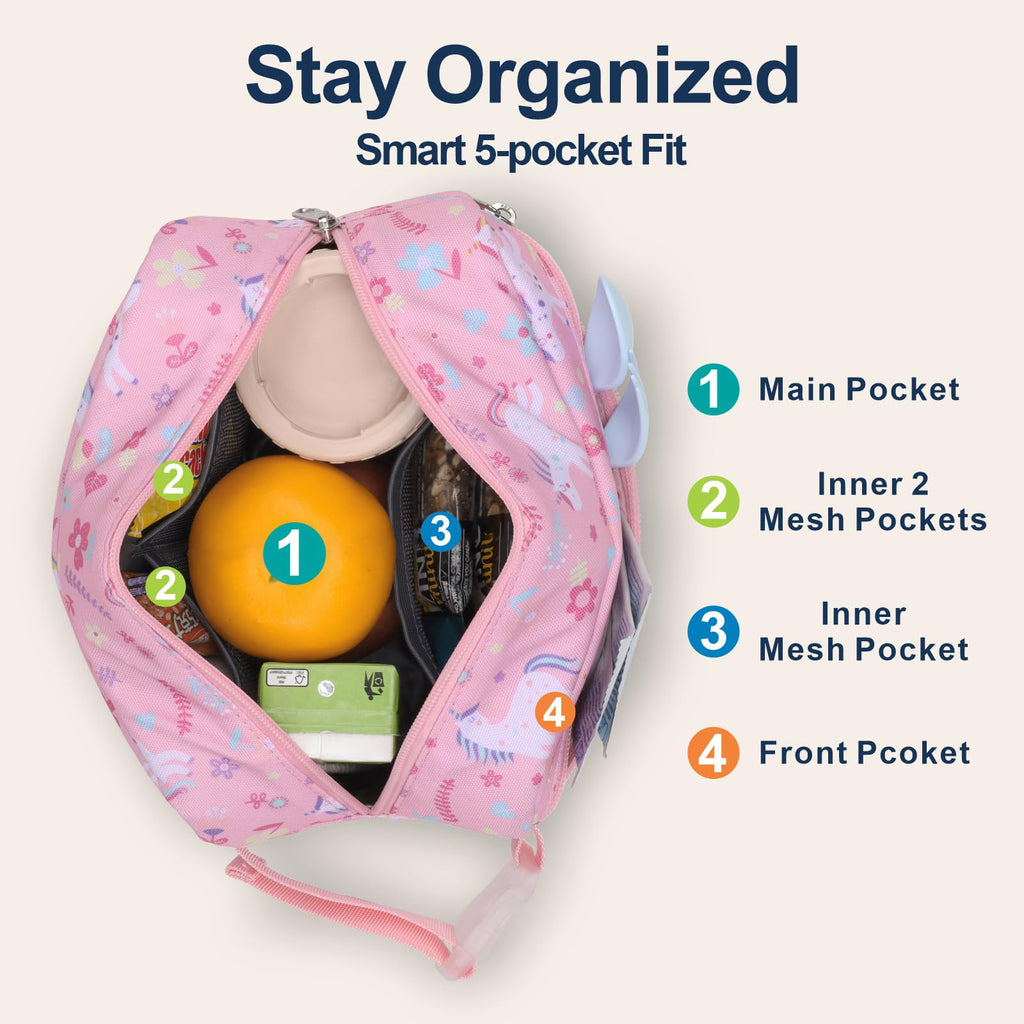 Bagseri Kids Snack Bag Girls - Small Reusable Mini Cooler Pouch, Insulated 3.9L Food Carrier with Buckle Handle for School and Daycare, Fits in Backpack, Glitter Pink Unicorn