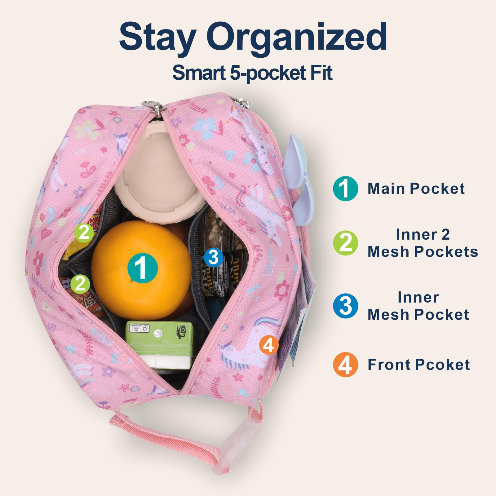 Bagseri Kids Snack Bag Girls - Small Reusable Mini Cooler Pouch, Insulated 3.9L Food Carrier with Buckle Handle for School and Daycare, Fits in Backpack, Glitter Pink Unicorn