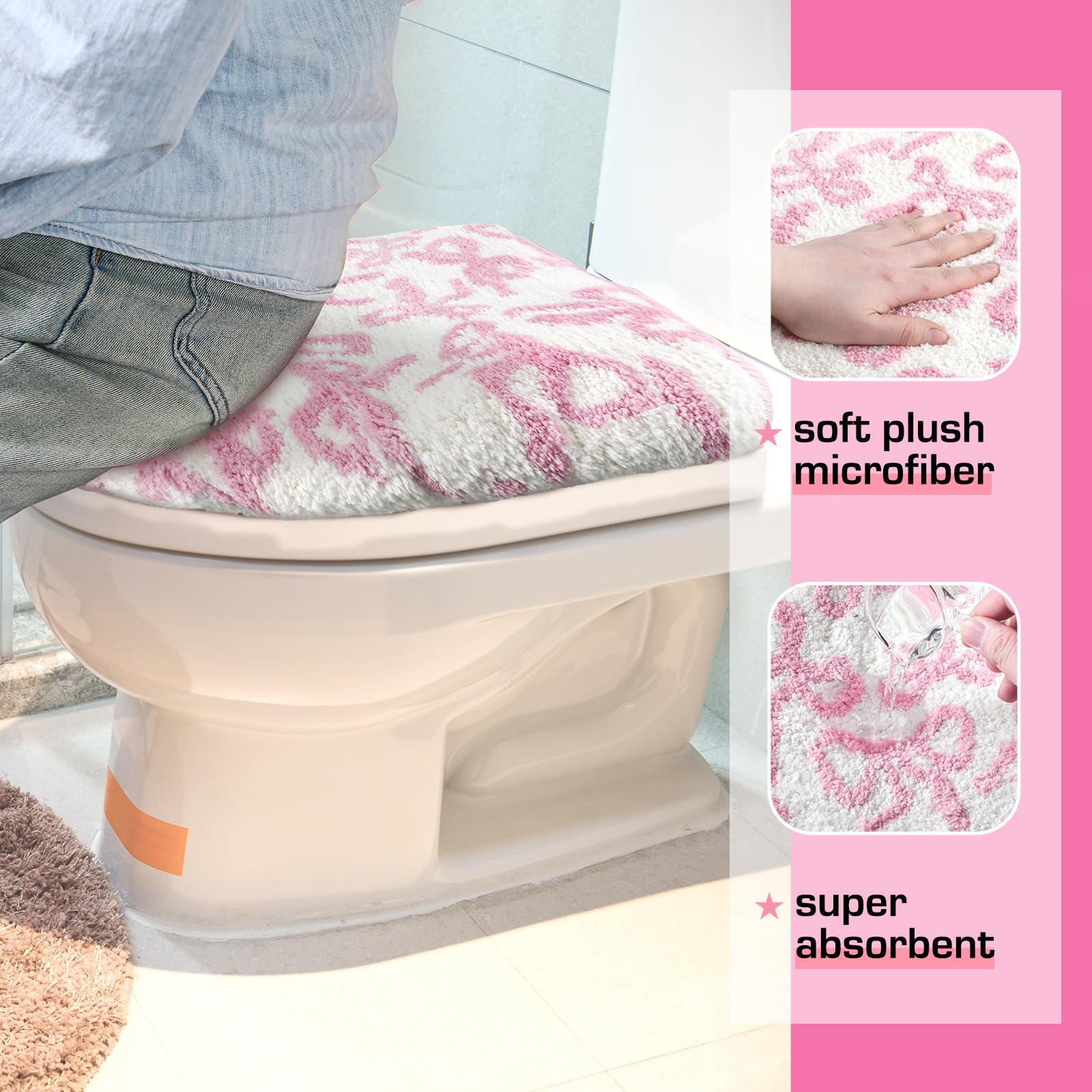 SmoothNovelty Toilet Lid Cover Washable Coquette Cute Plush Toilet Cover for Bathroom Decor Soft Microfiber 17.5 x 15 Inch Non Slip Rubber Backing Fits Most Round, Elongated(Rose Pink,Bow)