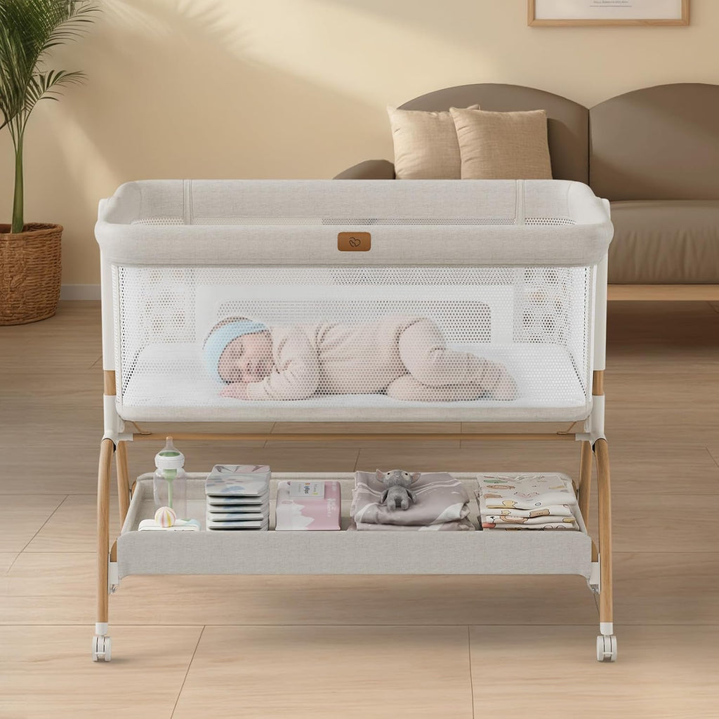 Skiennix Baby Bassinet - 3-in-1 Bedside Sleeper with Mattress & Breathable Sheet | Adjustable Height, Full-Mesh Sides