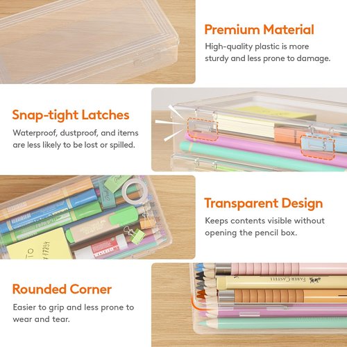 Lifewit Plastic Pencil Box - Large Capacity Snap-Tight Lid Pencil Case | 4 Pack Craft Organizer