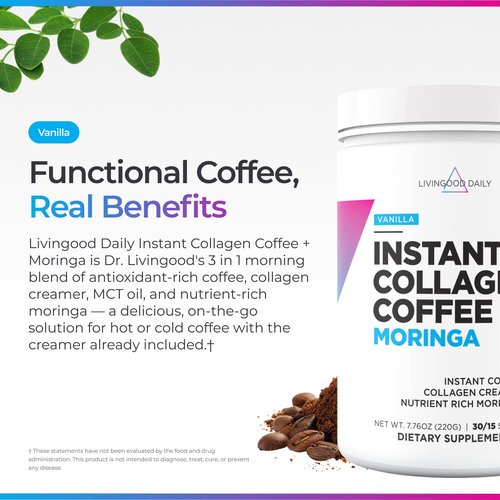 Livingood Daily Instant Collagen Coffee with Moringa, Vanilla - Low Acid, Shade Grown & Made with Organic Coffee - Metabolism, Detox & Energy Boosting - 12 Oz