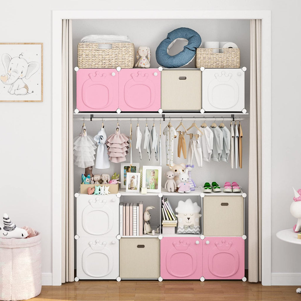 MAGINELS Kids Wardrobe Closet,Baby Closet Cabinet with Door.Baby Girls Armoires Organizer for Bedroom.Two Open Hanging Children Costume Area and 8 Cube Stroage.Pink(42x14x56inch)