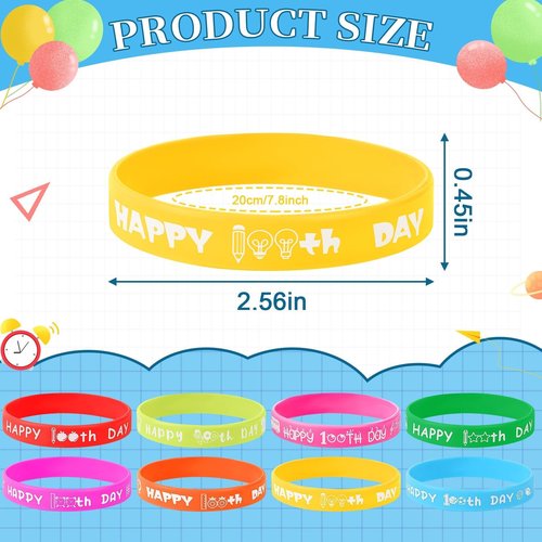 JUNEBRUSHS 64pcs 100th Day of School Party Favors Silicone Bracelets Rubber Wristbands for 100 Days of School Party Decorations Students Preschool Party Favors Supplies