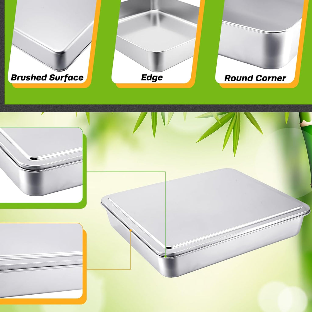 Tioncy Stainless Steel Cake Pan Set - 3 Rectangular Baking Pans with Lids | 13/11/9 Inch for Versatile Cooking