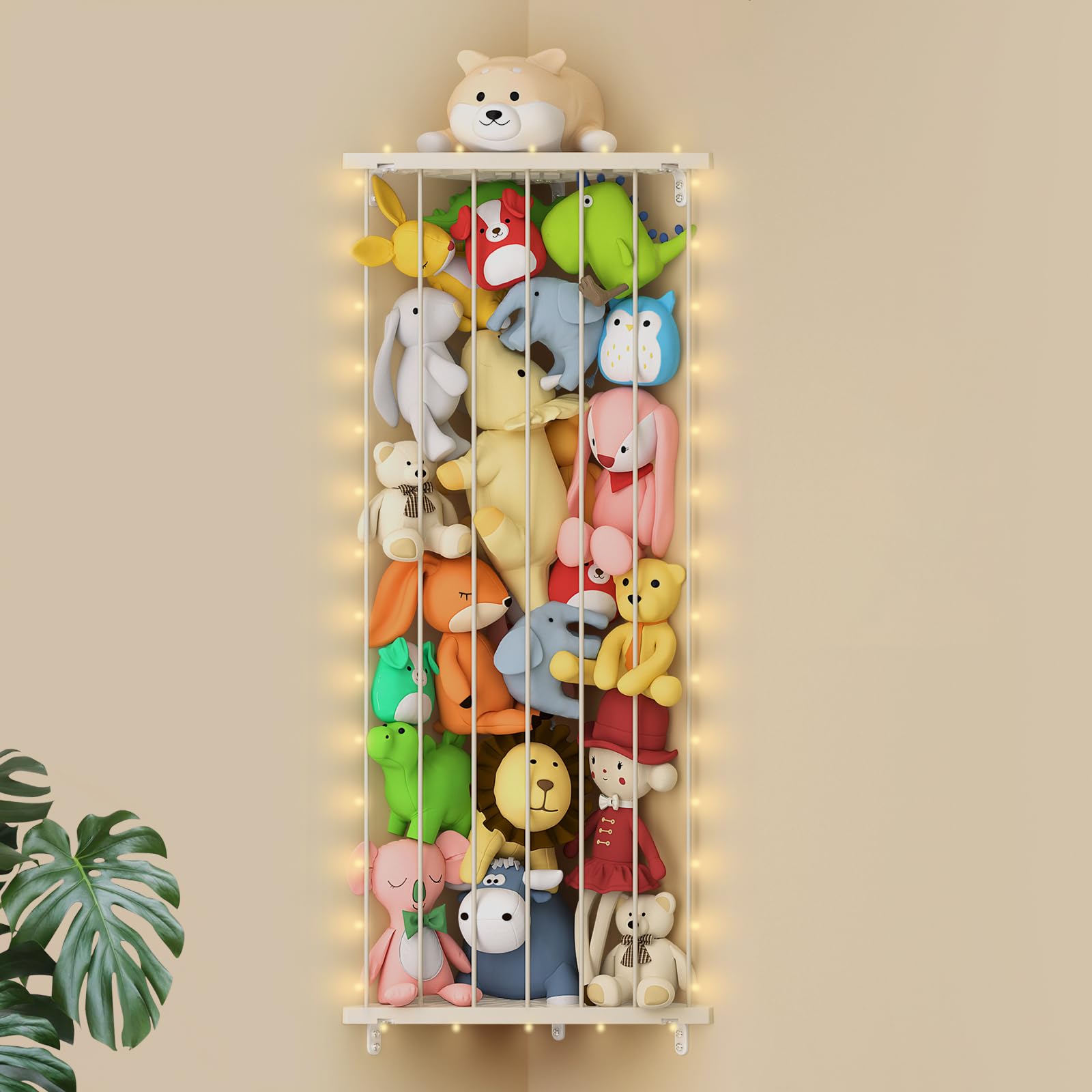 GGUO Corner Stuffed Animal Storage Net - Stuffed Animals Holder with Light - Plush Organizer Hanging Stuffed Animal Hammock with Adjustable Length for Bedroom