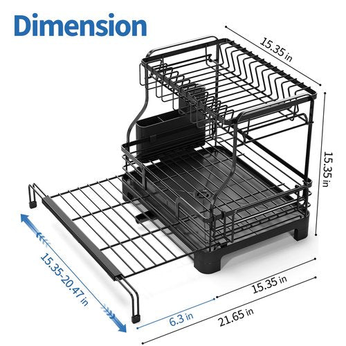 TOOLF Extendable Dish Drying Rack, 2-Tier Dish Rack for Kitchen Counter, Large Expandable Dish Drainer Over Sink, 3 in 1 Multifunction Dish Strainer with Drainboard & Cups Holder, Black