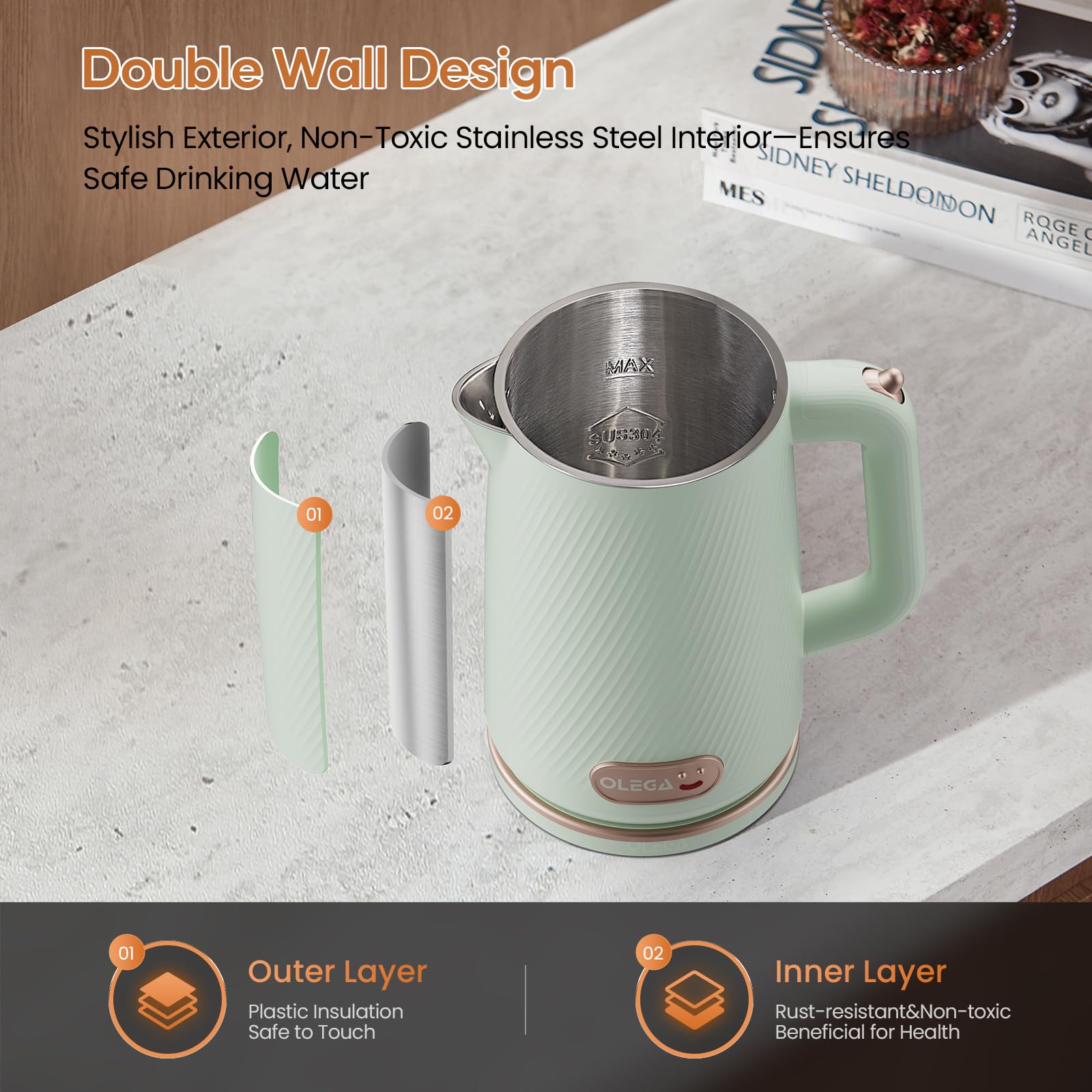 OLEGA Electric Kettle - 1500W Electric Tea Kettle 1.8L Stainless Steel Inner Electric Kettles for Boiling Water Auto Shut Off Boil-Dry Protection Electric Water Kettle for Coffee Tea Green