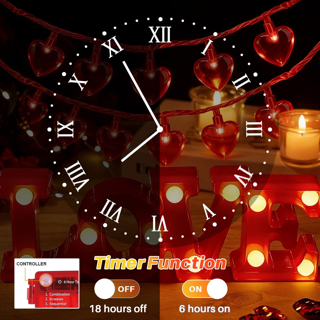 LAMPHOME Valentine's Day String Lights, 16.1 FT 50 LED Heart Red String Light, Romantic Fairy Lights Battery Operated Timer, Valentine Decor for Indoor Outdoor Wedding Anniversary Holiday Party